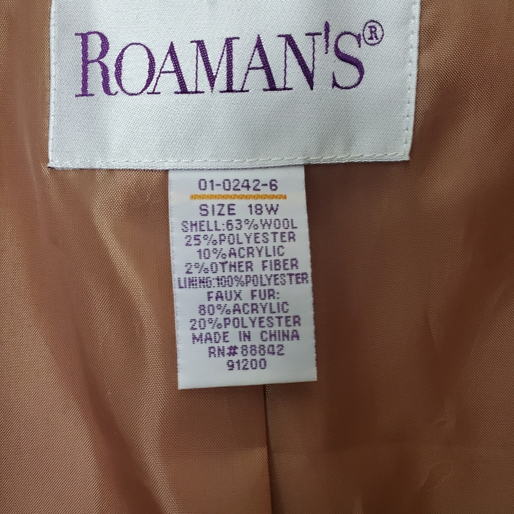 Roaman's Women's Wool Blend  Camel Coat Mob WifeFaux Fur Collar and Cuffs 18W - Picture 5 of 10